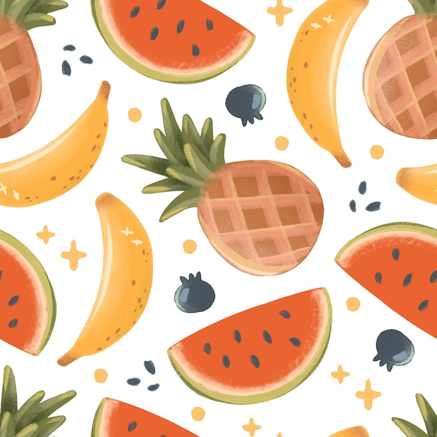 Tropical fruits seamless pattern with pineapples bananas and watermelon