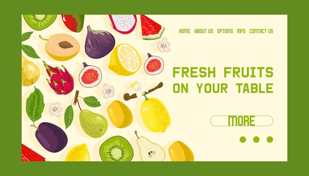 Tropical fruits shop banner web design   illustration. exotic summer products such as mangosteen, kiwi, dragonfruit, watermelon. halves and whole fruits. fresh fruits on your table.