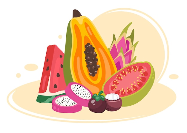 Tropical fruits Watermelon dragon fruit papaya guava Fruit clipart Natural snack Vector