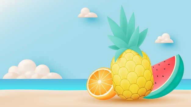 Tropical fruits with beach background