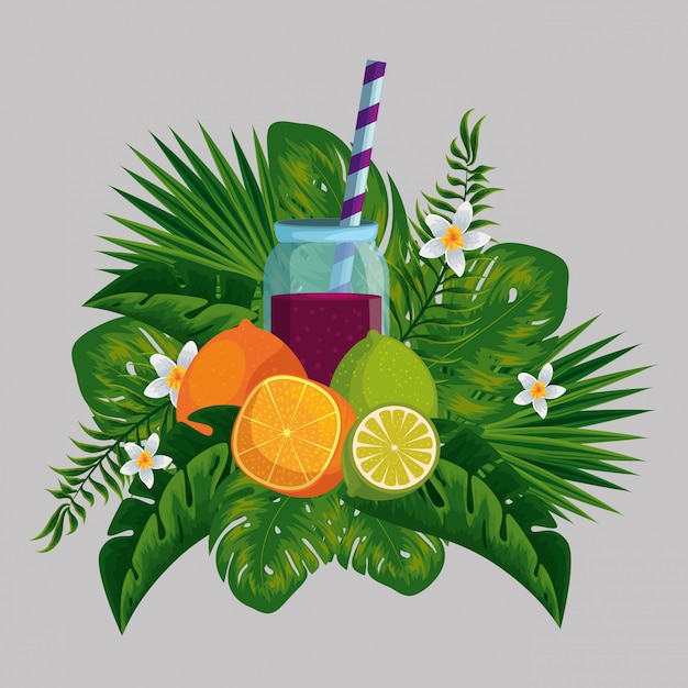 Vector tropical fruits with beverage in the exotic flowers and leaves