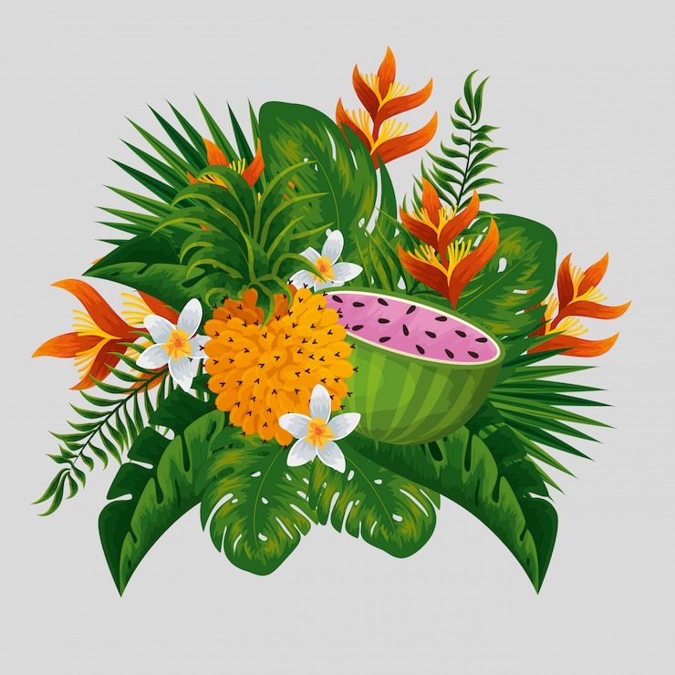 वेक्टर tropical fruits with exotic flowers and leaves