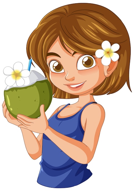 Vector tropical girl enjoying a fresh coconut