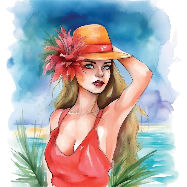 Tropical girl watercolor paint ilustration