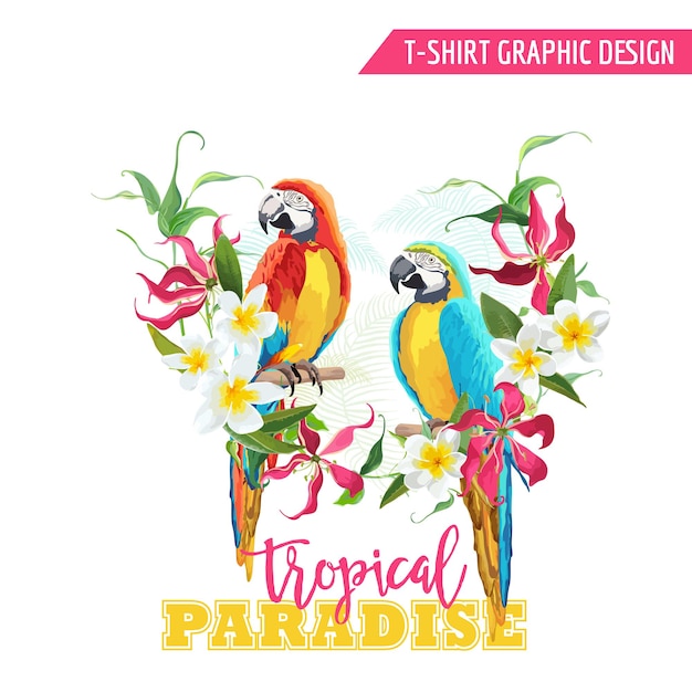 Progettazione grafica tropicale. uccello pappagallo e fiori tropicali