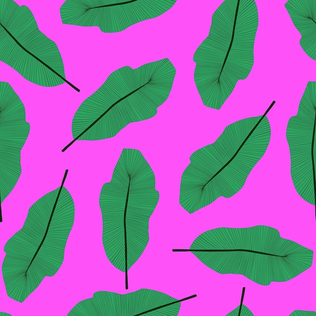 보라색 배경에 열 대 녹색 잎 큰 잎의 완벽 한 패턴