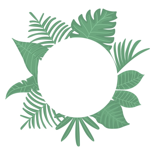 Тропические зеленые листья с белой круглой рамкой с местом для текста на белом фоне