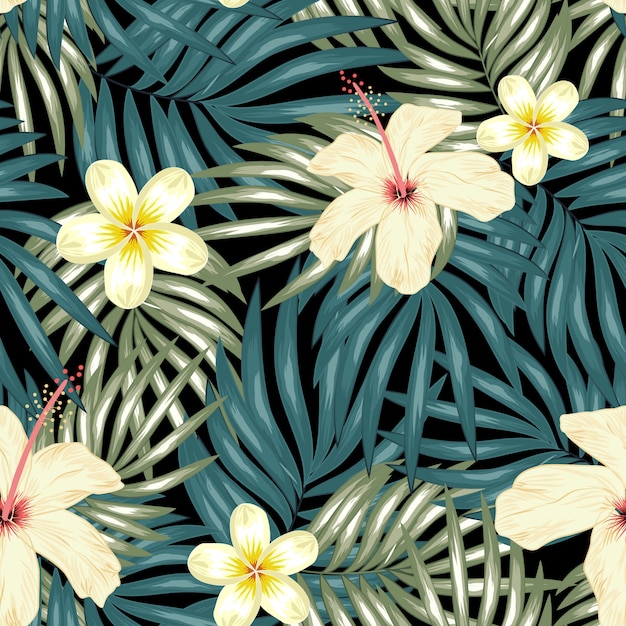 Tropical hibiscus plumeria with palm seamless pattern