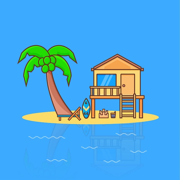 Tropical house in mini island cartoon vector icon illustration isolated object