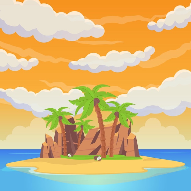 Vector tropical island among the sea. palm trees, sandy beaches, rocks, statues, tents and ritual houses. sea beach beautiful landscape. vector illustration