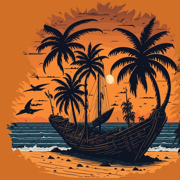 Tropical island beach with old pirate ship after shipwreck palm trees jungle and sun on horizon o