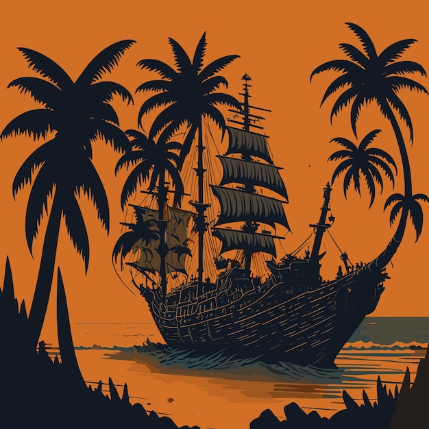 Vector tropical island beach with old pirate ship after shipwreck palm trees jungle and sun on horizon o