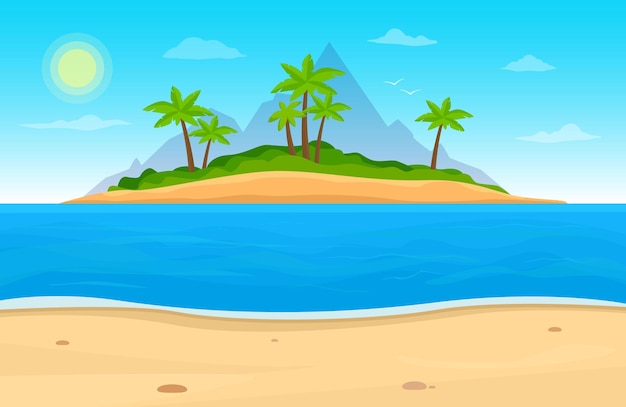 Вектор Тропический остров в океане пейзаж с океаном пляж пальмовых деревьев
