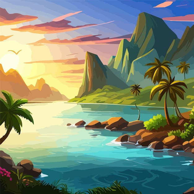 Вектор Тропический островный пейзаж с традиционными домами, пальмами и горами на заднем плане