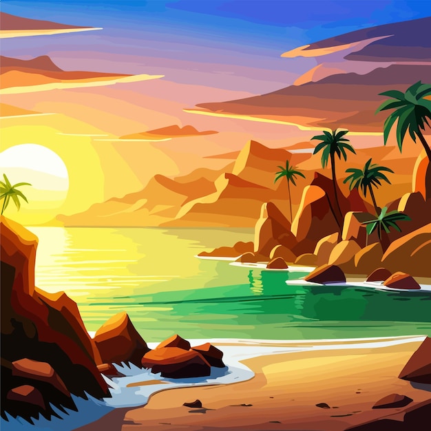 Vector tropical island landscape with traditional houses palm trees and the mountains in the background