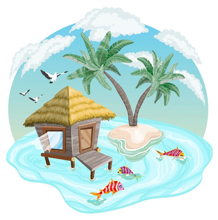 Vector tropical island in the ocean with palm trees and bungalow