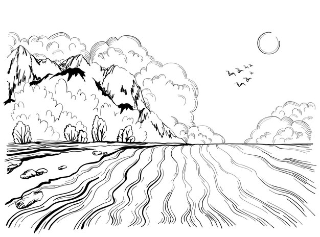 Vettore isola tropicale nell'oceano con illustrazione disegnata a mano di alta montagna