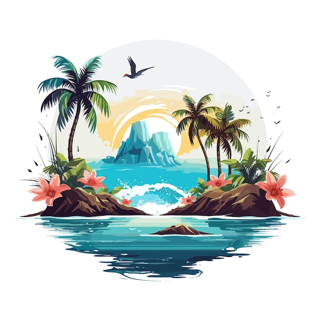 Vector tropical island paradise with palm trees vector illustration