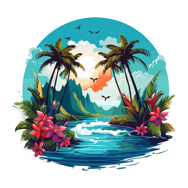 Vector tropical island paradise with palm trees vector illustration