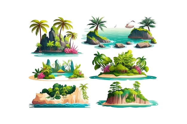 Тропический остров в море, океан, набор векторных иллюстраций