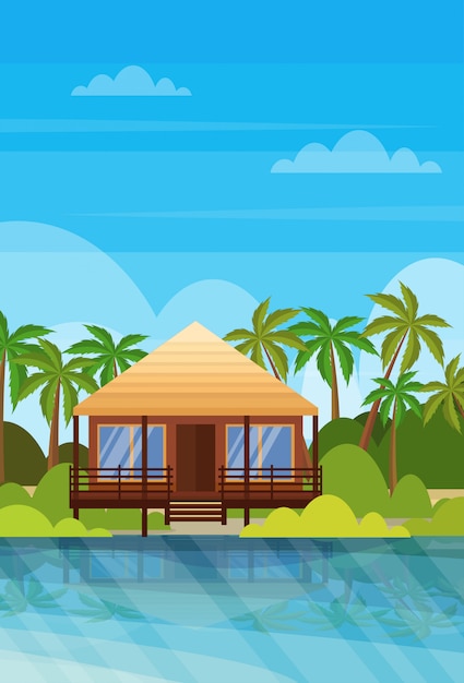 Vector tropical island villa bungalow hotel on beach seaside green palms landscape summer vacation flat