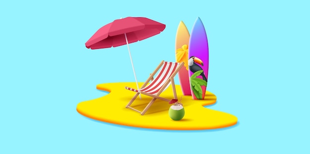 Vettore isola tropicale con ombrellone e sedia con tavola da surf e cocktail di cocco 3d rendering illustrazione