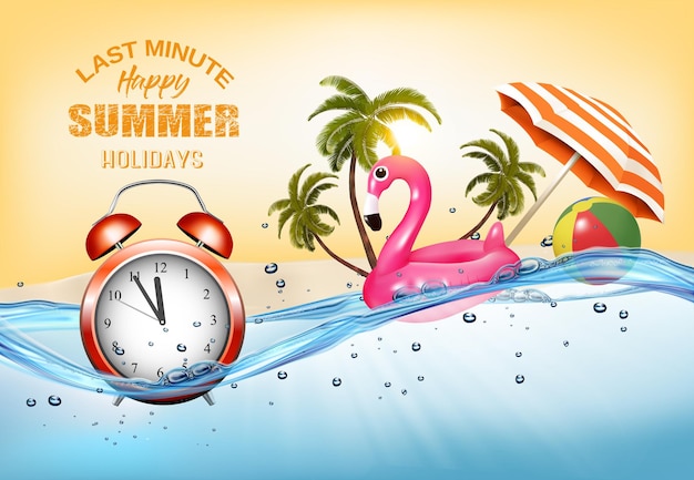 Tropical island with palms and pink inflatable flamingo on the ocean last minute vacation vector background