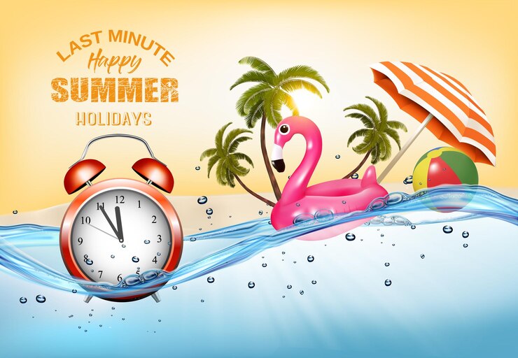 Vector tropical island with palms and pink inflatable flamingo on the ocean last minute vacation vector background