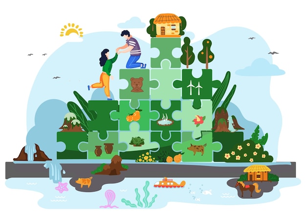 Тропический остров с туристами на фантастической горе блоков головоломок и декоративных растений