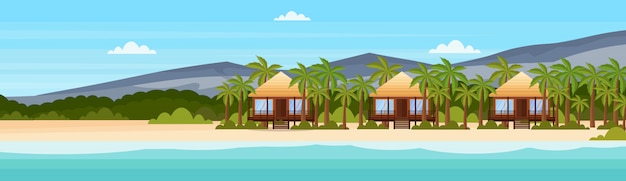 Vector tropical island with villa bungalow hotel on beach seaside mountain green palms landscape summer vacation flat banner