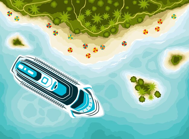 Vector tropical islands top view and cruise ship