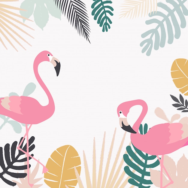 Tropical jungle leaves background with flamingos