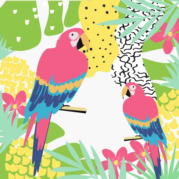 Tropical jungle leaves background with parrots