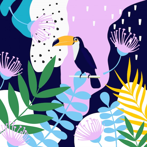 Tropical jungle leaves background with toucan