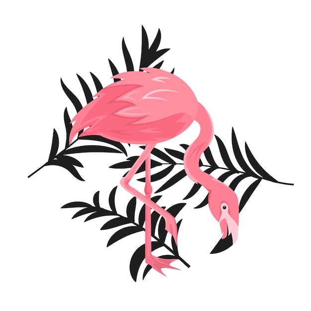 Tropical jungle palm tree leaves of black color and pink exotic flamingo bird texture on white