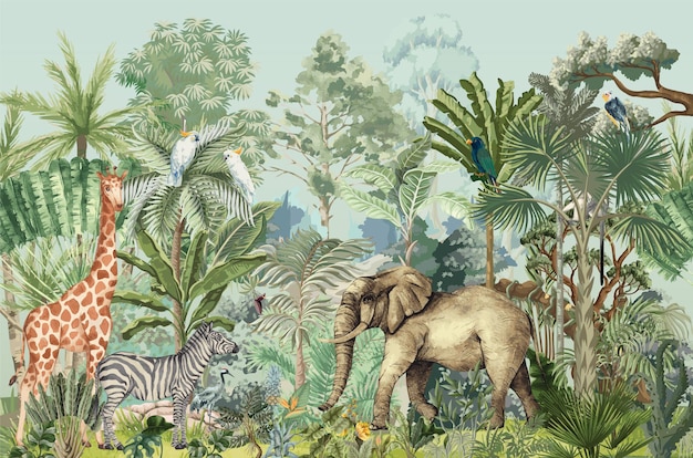 Tropical jungle safari animal with forest illustration for wallpaper print