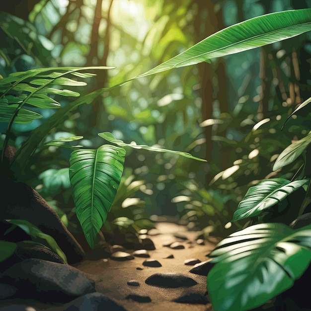 Vettore giungla tropicale con foglie di palma e luce solaretropicale foglie verdi sfondo sfondo naturaletropi