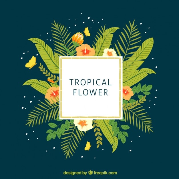 tropical label with exotic green leaves