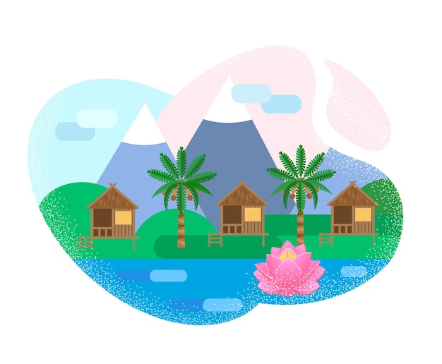 Vector tropical landscape bungalows palm trees and mountains on the ocean trip to asia vector illustration