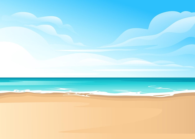 Vector tropical landscape of coast beautiful sea shore beach on good sunny day flat vector illustration