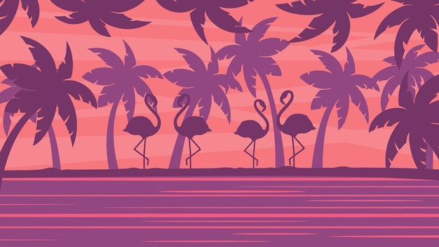 Vector tropical landscape with flamingo