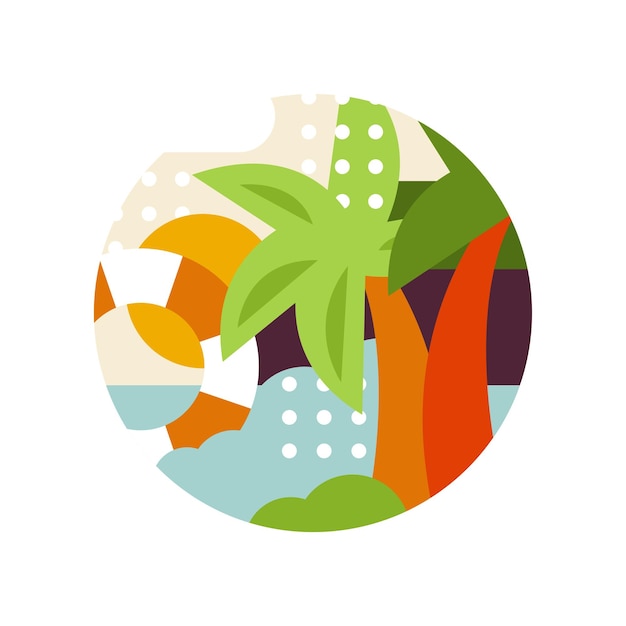 Paesaggio tropicale con palme e salvagente nel cerchio del logo, segno di vacanze estive, elemento di design per emblema o distintivo vettoriale illustrazione isolato su sfondo bianco.