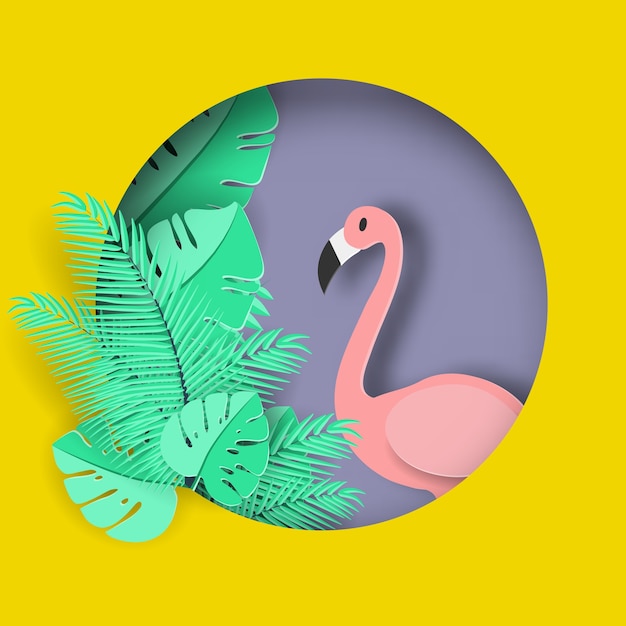 Tropical leaf and flamingo paper art style