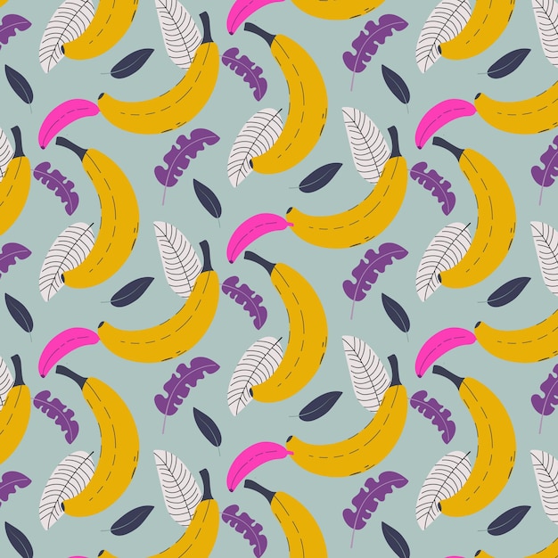 Вектор Тропические листья и бананы бесперебойный рисунок яркие абстрактные листья джунглей и желто-розовые фрукты повторяются на синем летнем векторном фоновом дизайне для печати декоративной тканевой карты