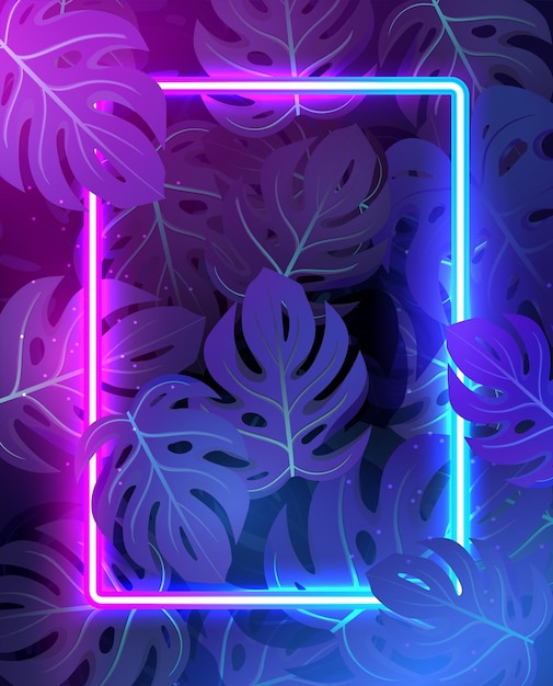 Tropical leaves background with colorful neon frame