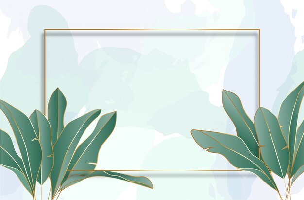 Vector tropical leaves background with golden frame