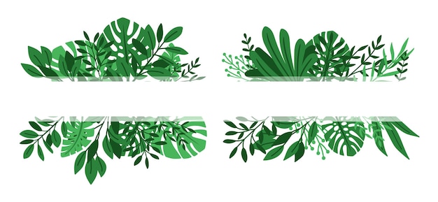 Tropical leaves banners. green plants borders, exotic leaf decoration elements for invitation, wedding cards vector set