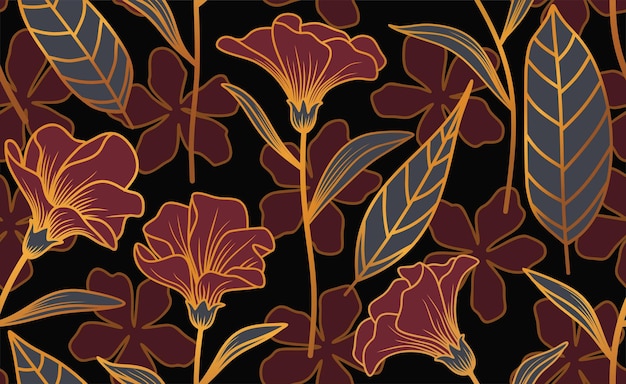 Tropical leaves and flower seamless pattern