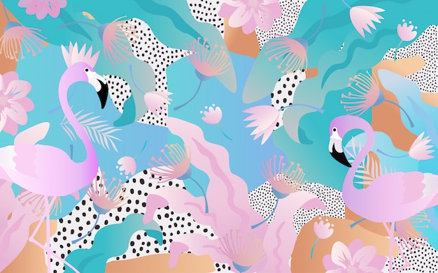 Tropical leaves and flowers background with flamingos