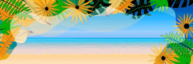 Вектор Рамка из тропических листьев и векторный баннер морского побережья, голубое небо, море и песок